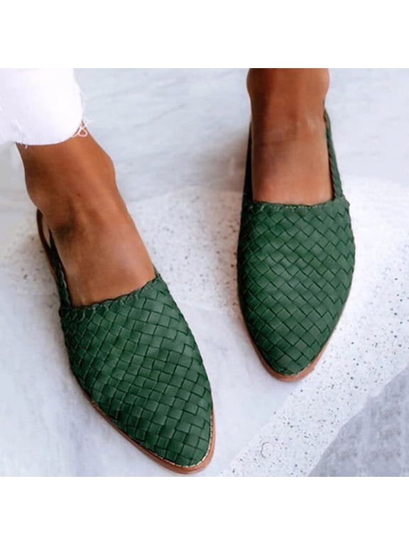 Weave Sandal for Women Fashion Pointed Toe Closed Toe Cutout Strap Buckle Low Heel Casual Shoes Summer Comfortable Flat Slides Mules Shoes Green 42