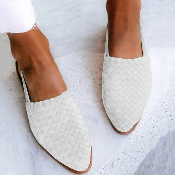 BLTIBY Weave Sandal for Women Fashion Pointed Toe Closed Toe Cutout Strap Buckle Low Heel Casual Shoes Summer Comfortable Flat Slides Mules Shoes White 38