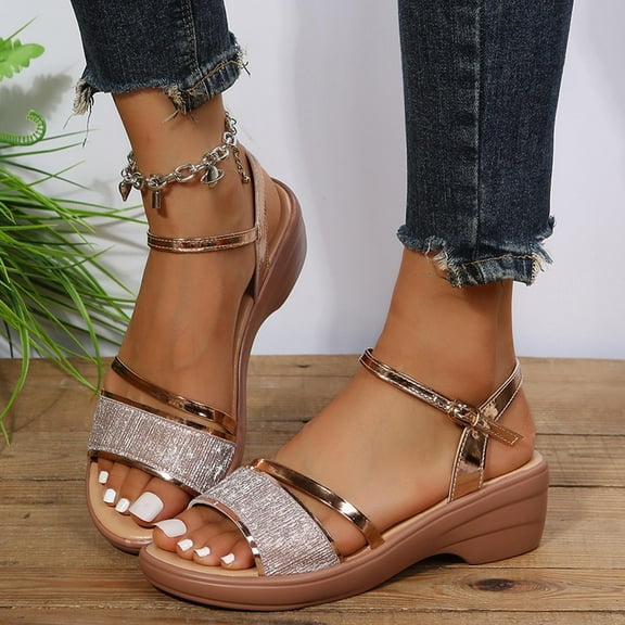 BLTIBY Wedge Sandals for Women Summer Platform Ankle Buckle Sandal Beach Sandals Fashion Sequin Open Toe Orthopedic Shoes Gold 38