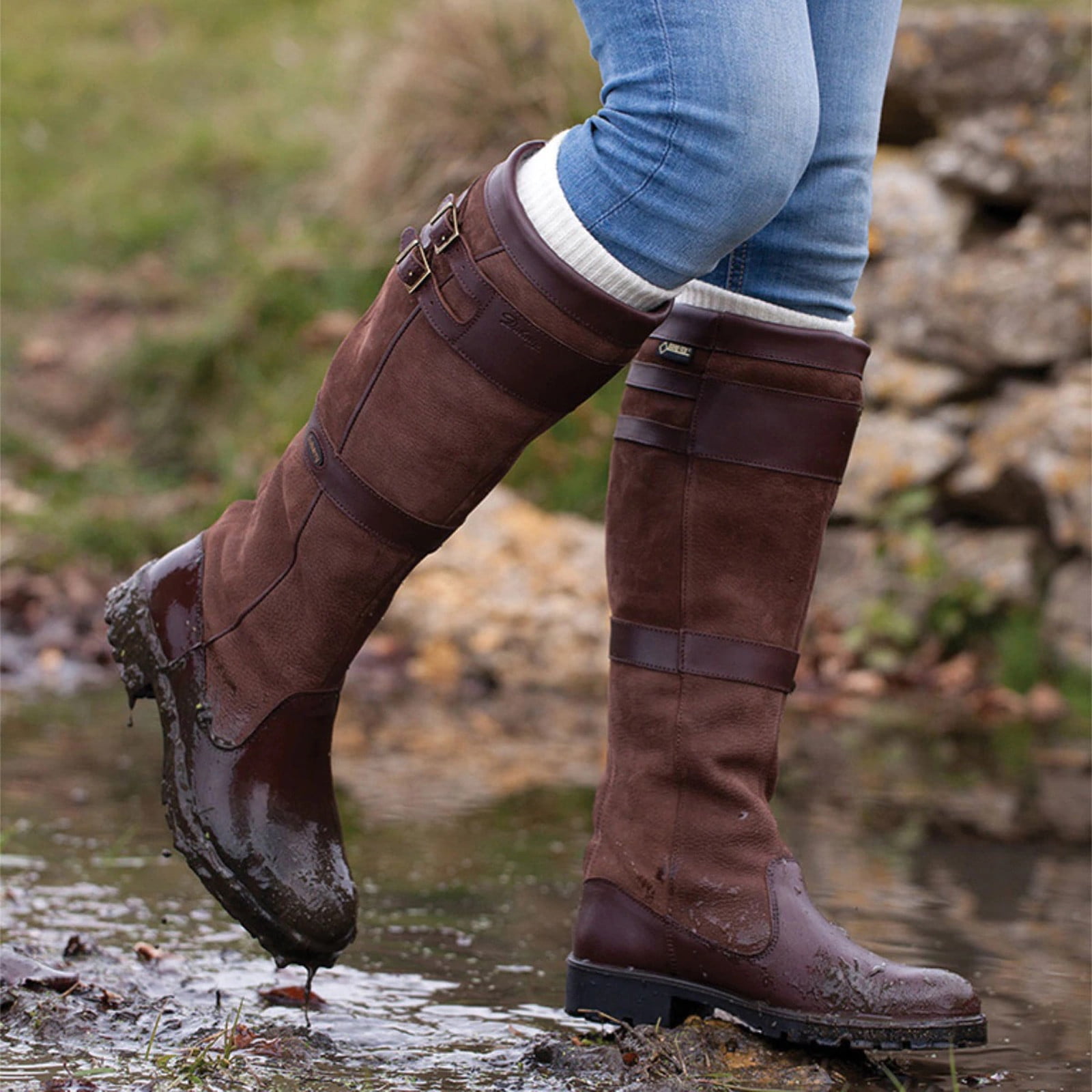 BLTIBY Western Cowboy Boots for Women Vintage Buckle Strap Round Toe Chunky Heel Slip-on Mid Calf Rain Boots Winter Comfortable Waterproof Casual Shoes Brown 37