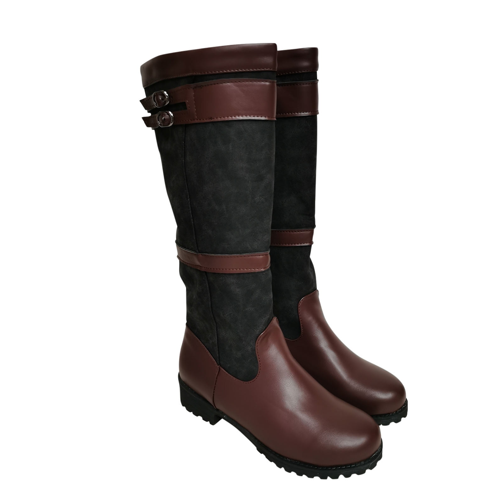 BLTIBY Western Cowboy Boots for Women Vintage Buckle Strap Round Toe Chunky Heel Slip-on Mid Calf Rain Boots Winter Comfortable Waterproof Casual Shoes Coffee 43