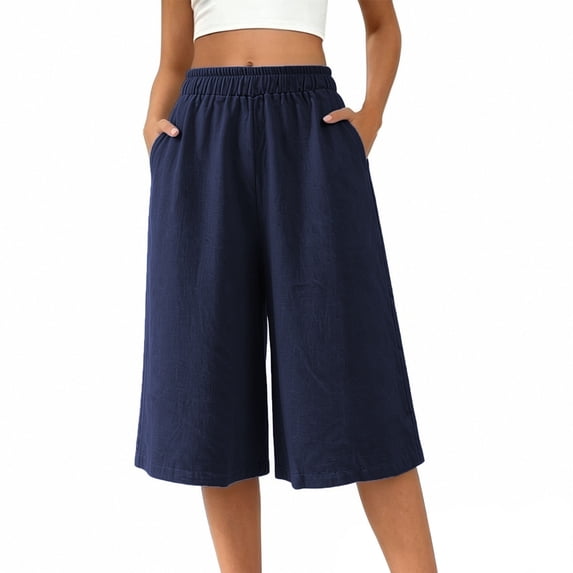 BLTIBY Wide Leg Linen Capris Pants for Women Elastic Waist Pant Casual Lightweight Vacation Beach Trousers with Pockets Navy L