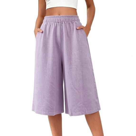 BLTIBY Wide Leg Linen Capris Pants for Women Elastic Waist Pant Casual Lightweight Vacation Beach Trousers with Pockets Purple XL