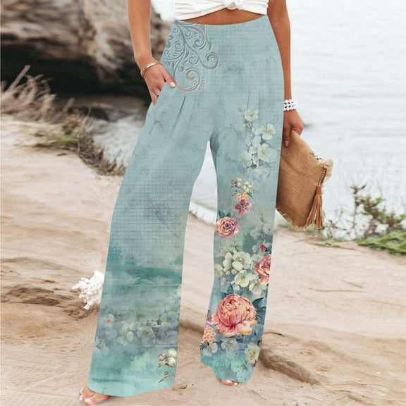 BLTIBY Wide Leg Pants for Women 2025 Printed Trendy Fashion High Waisted Loose Comfy Long Pants with Pockets Light Blue 3XL