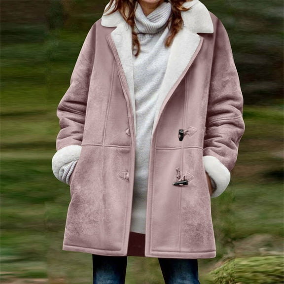 BLTIBY Winter Coats for Women Long Fashion Horn Button Fleece Thicken Jackets Sherpa Lined Warm Lapel Coat with Pocekts Pink S