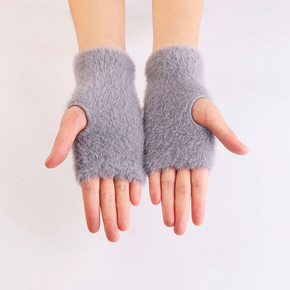 BLTIBY Winter Fingerless Gloves for Women Men Solid Color Driving Gloves Warm Stretchy Mittens with Thumb Hole Gray 2 Free Size