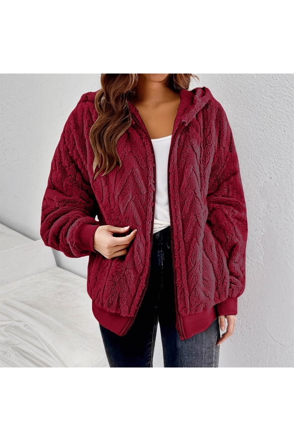 Winter Jackets for Women Hoodies Warm Textured Fuzzy Fleece Zip Up Casual Coat with Pockets Comfortable Soft Outwear Red XL