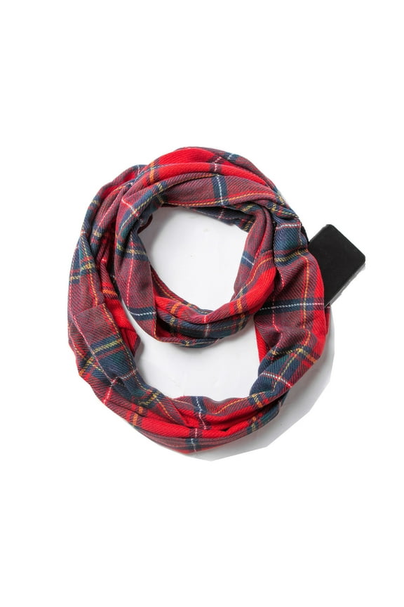 Winter Plaid Scarf Fall Warm Tartan Scarf Checkered Pattern Circle Loop Wrap Color Block Soft Trendy Scarves with Hidden Zipper Pocket Red Free Size