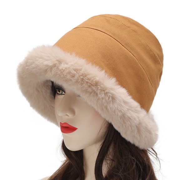 BLTIBY Winter Warm Bucket Hat Faux Fur Lambs Wool Fisherman Cap Fluffy Plush Thick Wind Protection Hats for Women Girls Yellow One Size