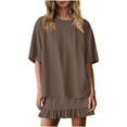 thumbnail image 1 of BLTIBY Women 2 Piece Summer Cotton Outfits Short Sleeve Crewneck Tee Tops and Tiered Ruffle Mini Skirts Casual Vacation Skirt Sets Coffee S, 1 of 5