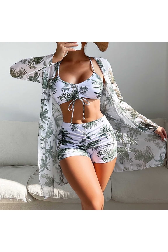 Women Bathing Suit 3 Piece Swimsuit Straps Drawstring Bikini Set Long Sleeve Beach Cover Up Boho Swimwear Set with Boy Shorts White S