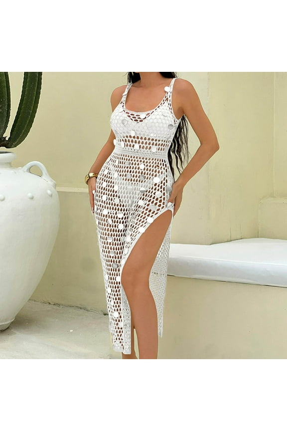 Women Beach Dress Swimsuit Crochet Swim Sequin Cover Up Summer Bathing Suit Swimwear Knit Sleeveless Square Neck Pullover Split Dresses 2025 White M