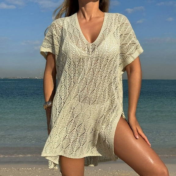 BLTIBY Women Beach Dress Swimsuit Crochet Swim V Neck Cover Up Summer Bathing Suit Swimwear Knit Short Sleeve Pullover 2025 Beige Free Size