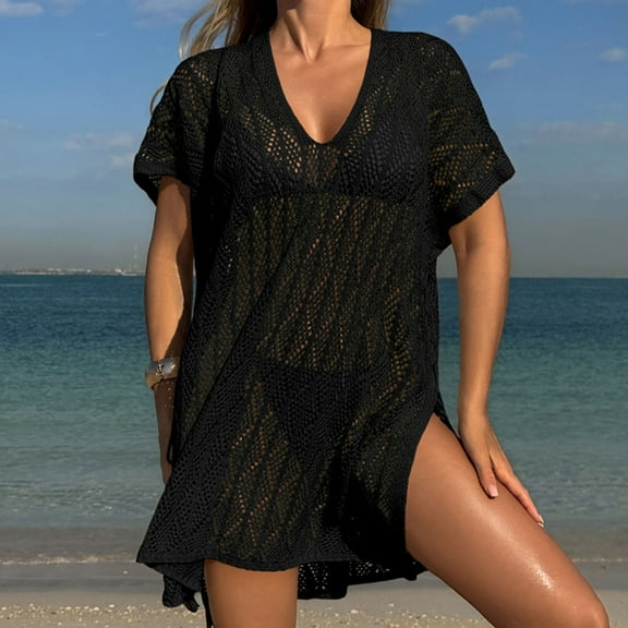 BLTIBY Women Beach Dress Swimsuit Crochet Swim V Neck Cover Up Summer Bathing Suit Swimwear Knit Short Sleeve Pullover 2025 Black Free Size