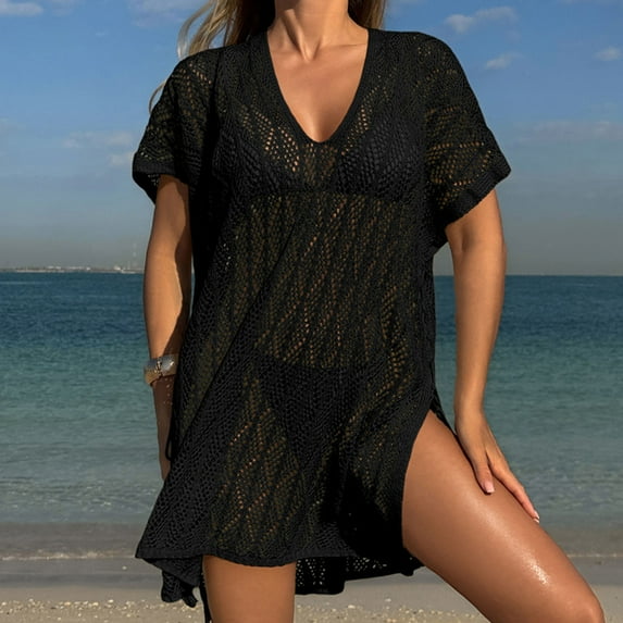 BLTIBY Women Beach Dress Swimsuit Crochet Swim V Neck Cover Up Summer Bathing Suit Swimwear Knit Short Sleeve Pullover 2025 Black Free Size