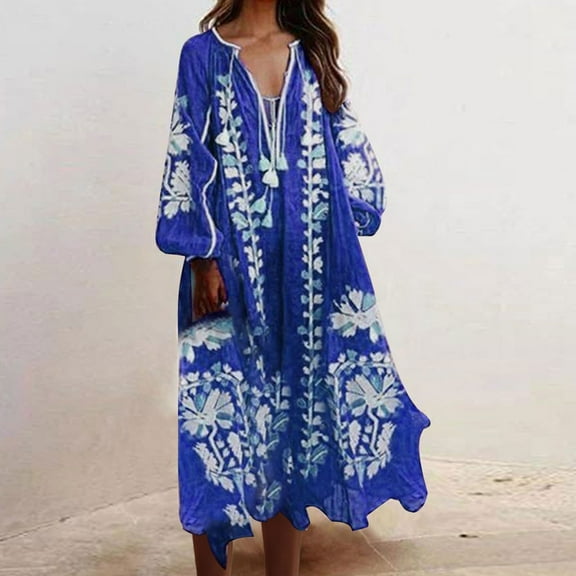BLTIBY Women Boho Maxi Dresses Long Sleeve Summer Bohemian Floral Printed V Neck Tie Casual Loose Beach Dress with Pockets Blue XL
