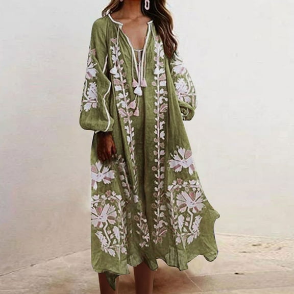 BLTIBY Women Boho Maxi Dresses Long Sleeve Summer Bohemian Floral Printed V Neck Tie Casual Loose Beach Dress with Pockets Khaki S