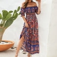 thumbnail image 1 of BLTIBY Women Boho Maxi Dresses Short Sleeve Summer Bohemian Printed Square Neck Fashion Casual Loose Beach Long Dress Red S, 1 of 5