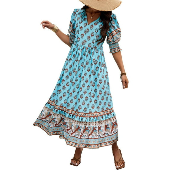 BLTIBY Women Boho Maxi Dresses Short Sleeve Summer Bohemian Printed V Neck Fashion Casual Loose Beach Long Dress Light Blue S