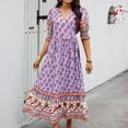 thumbnail image 1 of BLTIBY Women Boho Maxi Dresses Short Sleeve Summer Bohemian Printed V Neck Fashion Casual Loose Beach Long Dress Purple M, 1 of 6