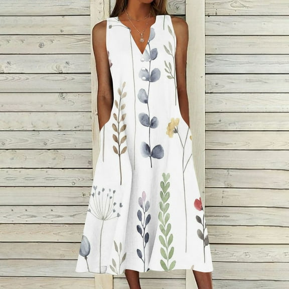 BLTIBY Women Boho Maxi Dresses Sleeveless Summer Bohemian Floral Printed V Neck Button Casual Loose Beach Dress with Pockets Navy 3XL