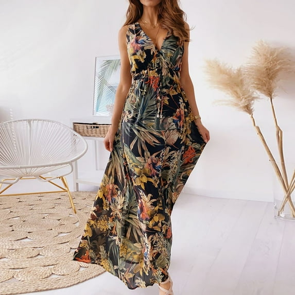 BLTIBY Women Boho Maxi Dresses Sleeveless Summer Bohemian Printed V Neck Straps Fashion Casual Loose Long Dress Black XL