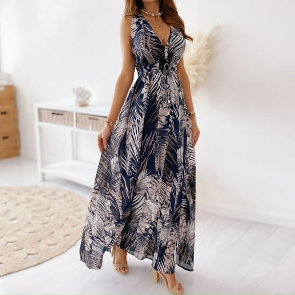 BLTIBY Women Boho Maxi Dresses Sleeveless Summer Bohemian Printed V Neck Straps Fashion Casual Loose Long Dress Blue XL