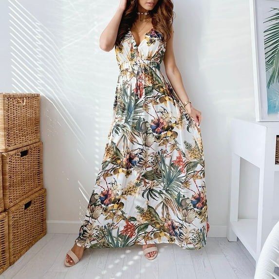 BLTIBY Women Boho Maxi Dresses Sleeveless Summer Bohemian Printed V Neck Straps Fashion Casual Loose Long Dress White M