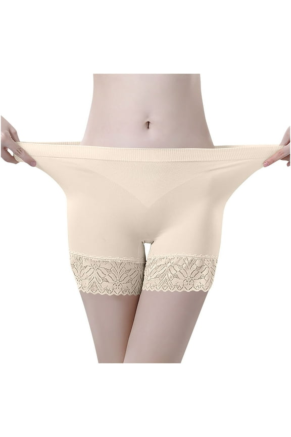 Women Boxer Briefs Shapewear Mid Waisted Tummy Control Solid Color Underwear Lace Body Shaper Shorts Beige Free Size