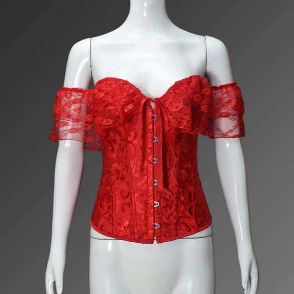BLTIBY Women Bustier Corset Court Vintage Body Shaper Adjustable Fishboned Lace Vest One Shoulder Renaissance Gothic Waist Cincher Red XL