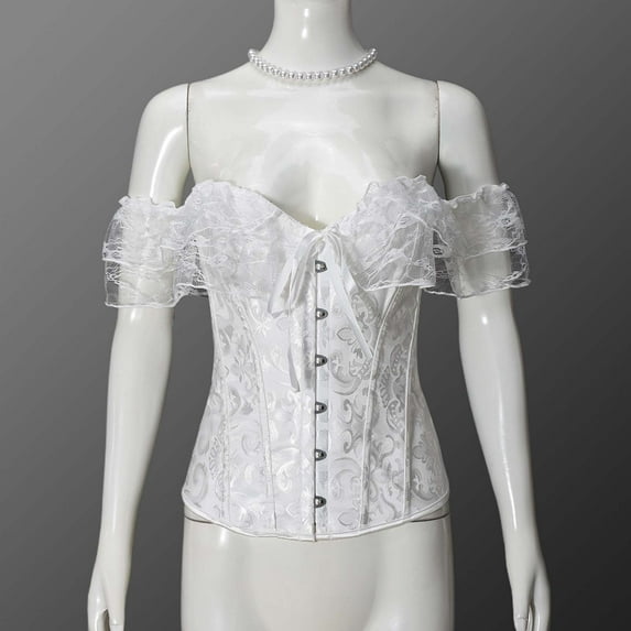 BLTIBY Women Bustier Corset Court Vintage Body Shaper Adjustable Fishboned Lace Vest One Shoulder Renaissance Gothic Waist Cincher White L