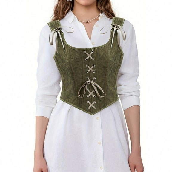 BLTIBY Women Bustier Corset Court Vintage Lace Up Body Shaper Adjustable Sleeveless Vest Renaissance Medieval Waist Cincher Army Green L