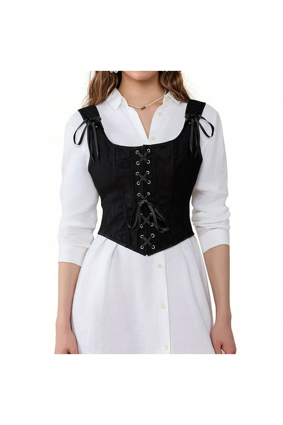 Women Bustier Corset Court Vintage Lace Up Body Shaper Adjustable Sleeveless Vest Renaissance Medieval Waist Cincher Black M
