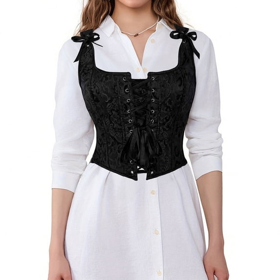 BLTIBY Women Bustier Corset Court Vintage Lace Up Body Shaper Adjustable Sleeveless Vest Renaissance Medieval Waist Cincher for Halloween Black L