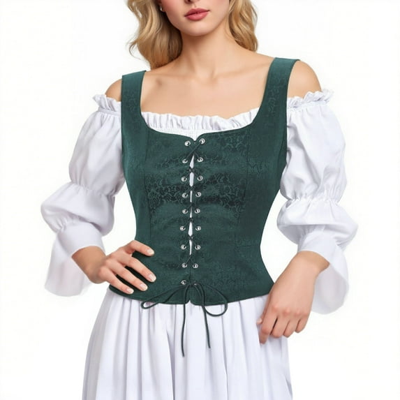 BLTIBY Women Bustier Corset Court Vintage Lace Up Body Shaper Adjustable Sleeveless Vest Tops Renaissance Medieval Gothic Waist Cincher Green 2 XL