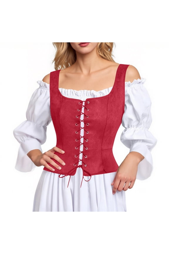 Women Bustier Corset Court Vintage Lace Up Body Shaper Adjustable Sleeveless Vest Tops Renaissance Medieval Gothic Waist Cincher Red M