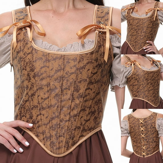 BLTIBY Women Bustier Corset Court Vintage Lace Up Body Shaper Adjustable Sleeveless Vests Renaissance Medieval Waist Cincher Coffee XXL