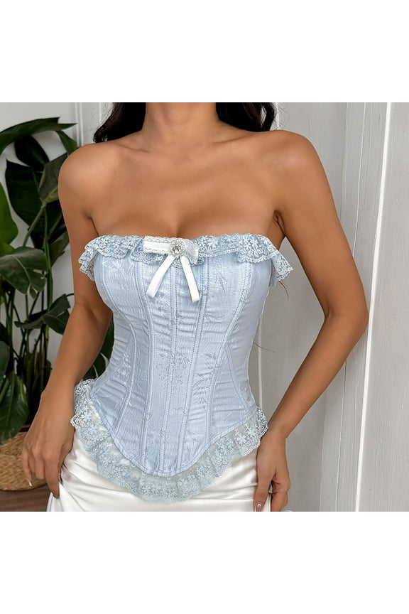 Women Bustier Corset Lace Body Shaper Sleeveless Bow Vest Top Fashion Renaissance Medieval Waist Cincher Blue S