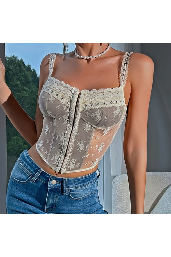 Women Bustier Corset Vintage Body Shaper Sleeveless Vest Mesh See-Through Tops Renaissance Medieval Waist Cincher Beige S
