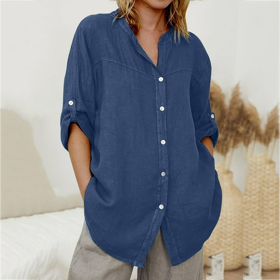 BLTIBY Women Button Down Shirts Autumn Long Sleeve Denim Solid Color Casual Blouses Lightweight Fashion Tops with Pockets 2024 Dark Blue XL