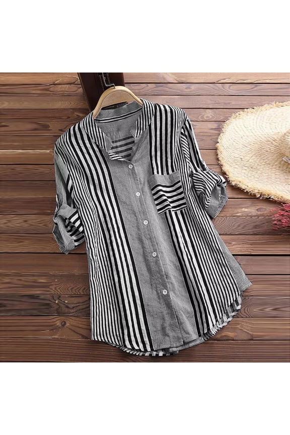 Women Button Down Shirts Autumn Long Sleeve Striped Printed Casual Jacket Blouses Lightweight Fashion Tops with Pocket 2024 Black L