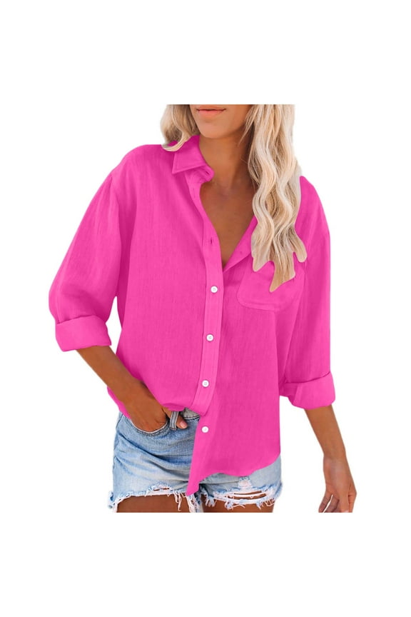Women Button Down Shirts Cotton Linen Autumn Lapel Long Sleeve Solid Color Casual Blouses Lightweight Fashion Tops with Pockets 2024 Hot Pink L