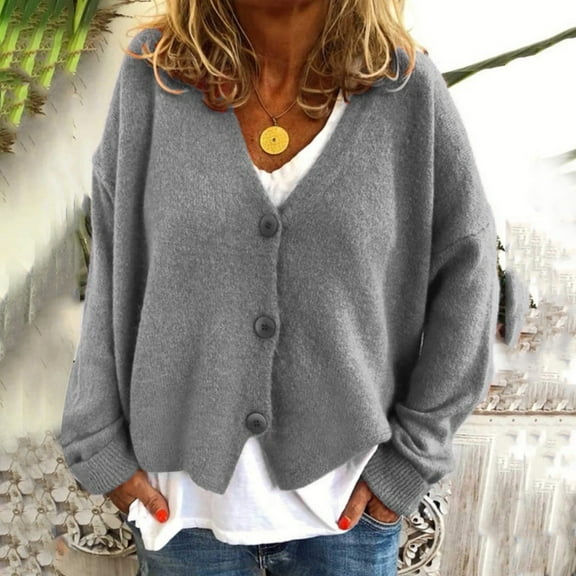 BLTIBY Women Cardigan Sweater Jacket Winter Fall Solid Color V Neck Knit Button Coat Fashion Casual Loose Trendy Long Sleeve Top Gray M