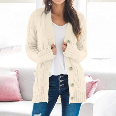 BLTIBY Women Cardigan Sweater Jacket Winter Fall Solid Color V Neck Long Knit Button Coat Fashion Casual Loose Trendy Long Sleeve Tops Beige 4XL