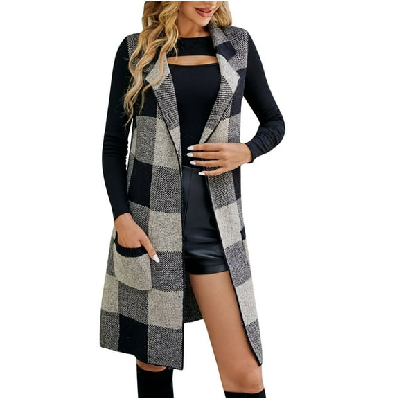 BLTIBY Women Coat Trench Jacket Fall Winter Plaid Print Loose Long Cardigan Sleeveless Overcoat Fashion Lightweight Tops with Pockets Black S