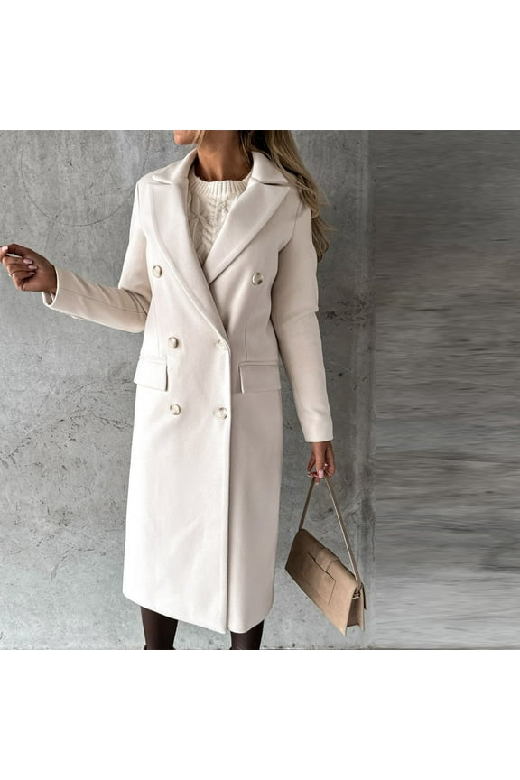 Women Coat Trench Jacket Fall Winter Solid Colour Button Thicked Long Peacoat Loose Cardigan Overcoat Long Sleeve Tops with Pockets Beige XXL