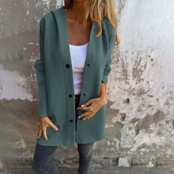 BLTIBY Women Coat Trench Jacket Hooded Fall Winter Solid Color Button Plush Peacoat Mid-Length Loose Cardigan Overcoat Long Sleeve Tops with Pockets Mint Green M
