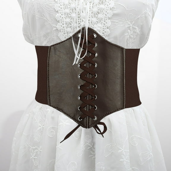 BLTIBY Women Corset Belt Lace up Wide Elastic Waistband Retro Tied Waspie Waist Belt for Carnival Costume Cosplay Brown Free Size