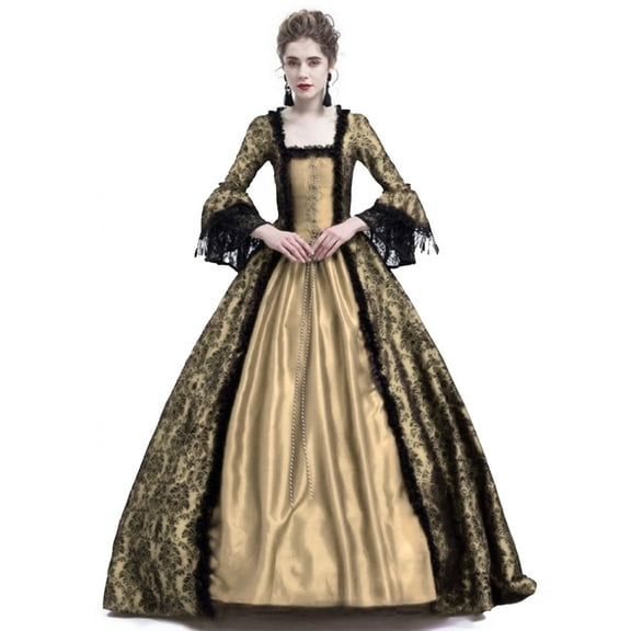 BLTIBY Women Court Gowns Dress Medieval Fall Winter Gothic Retro Solid Ball Gowns Lace Patchwork Flare Sleeve Halloween Dresses 2024 Gold L