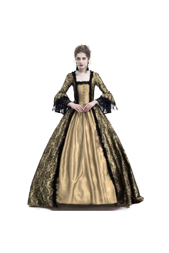 Women Court Gowns Dress Medieval Fall Winter Gothic Retro Solid Ball Gowns Lace Patchwork Flare Sleeve Halloween Dresses 2024 Gold L